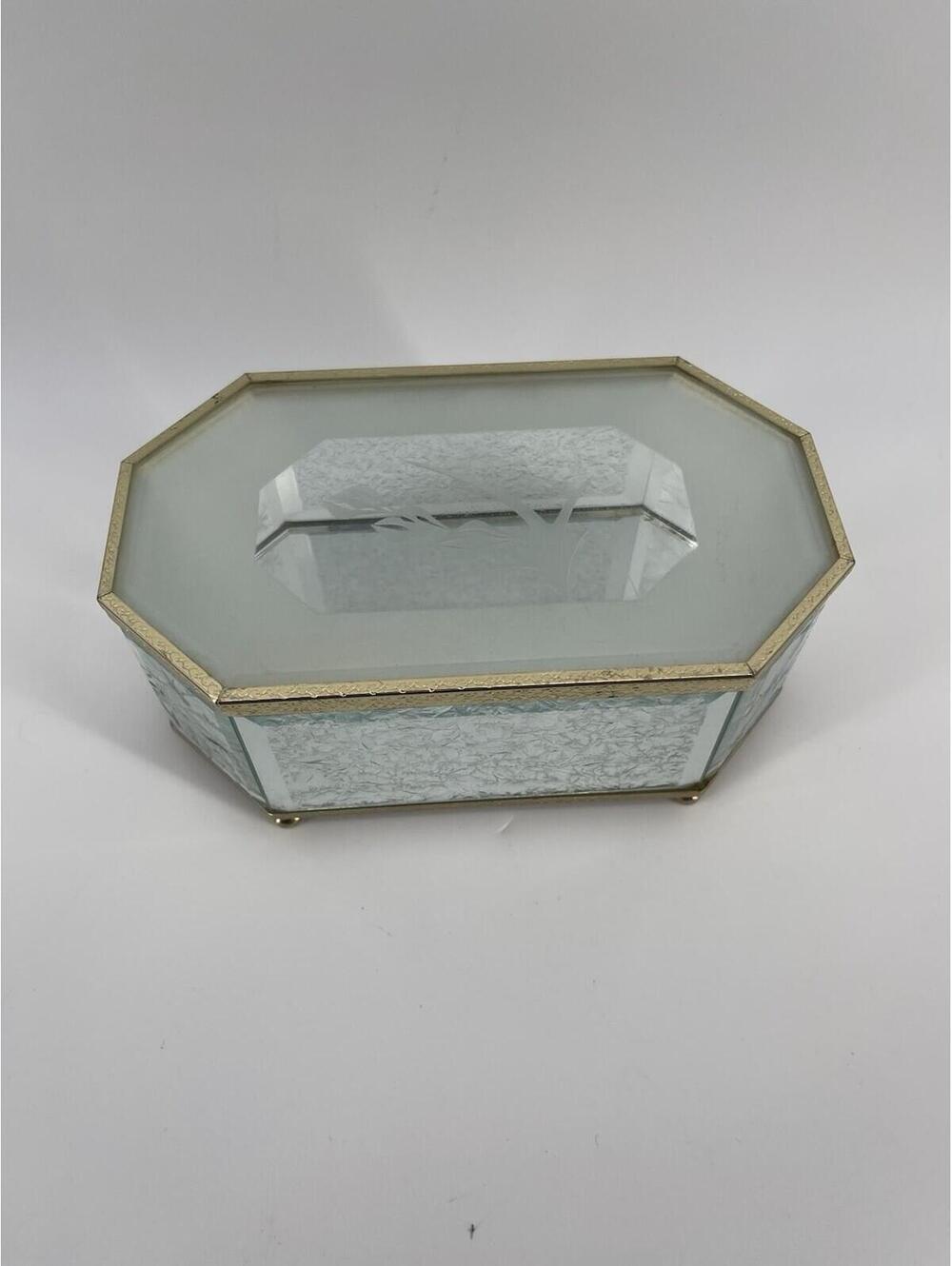 Vintage Glass Jewelry Trinket Box Gold Tone Etched Floral Hinged Lid Octagon